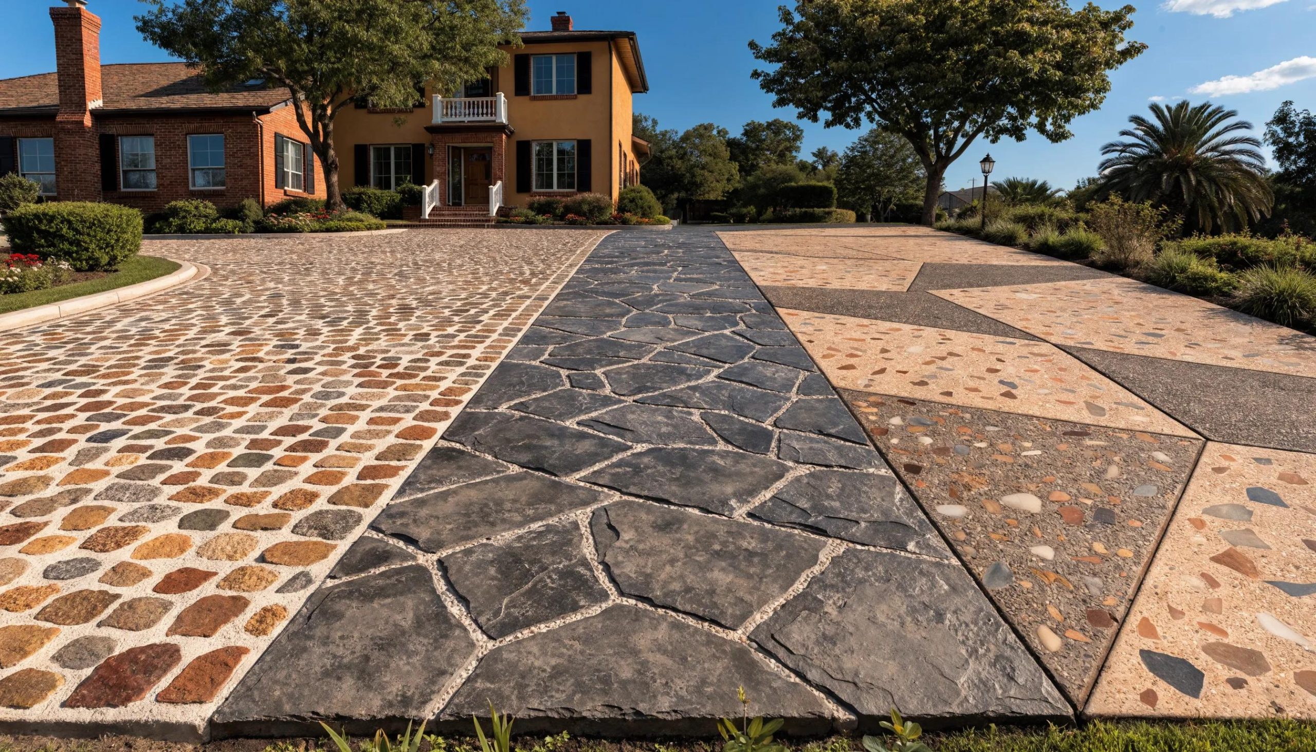 Variety of custom concrete driveway designs showcasing decorative options for homeowners