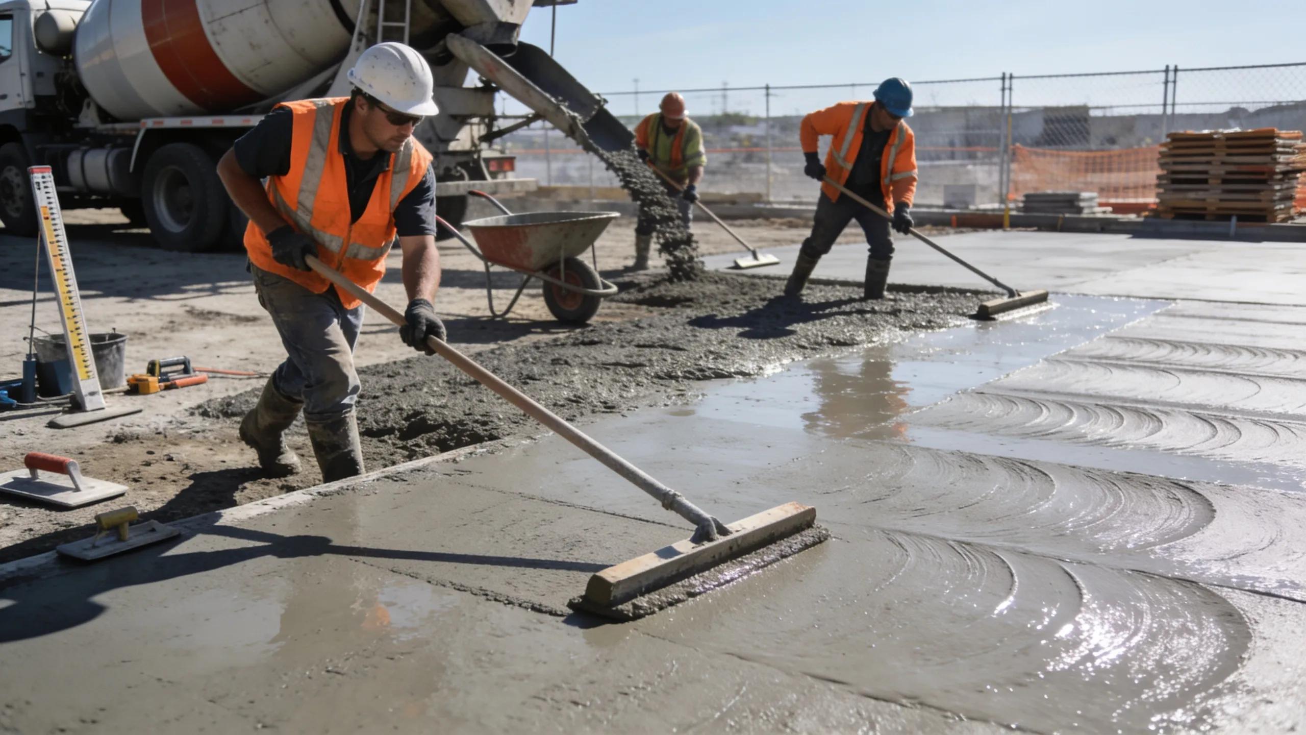 Contractors pouring and finishing concrete for driveway installation, demonstrating quality techniques