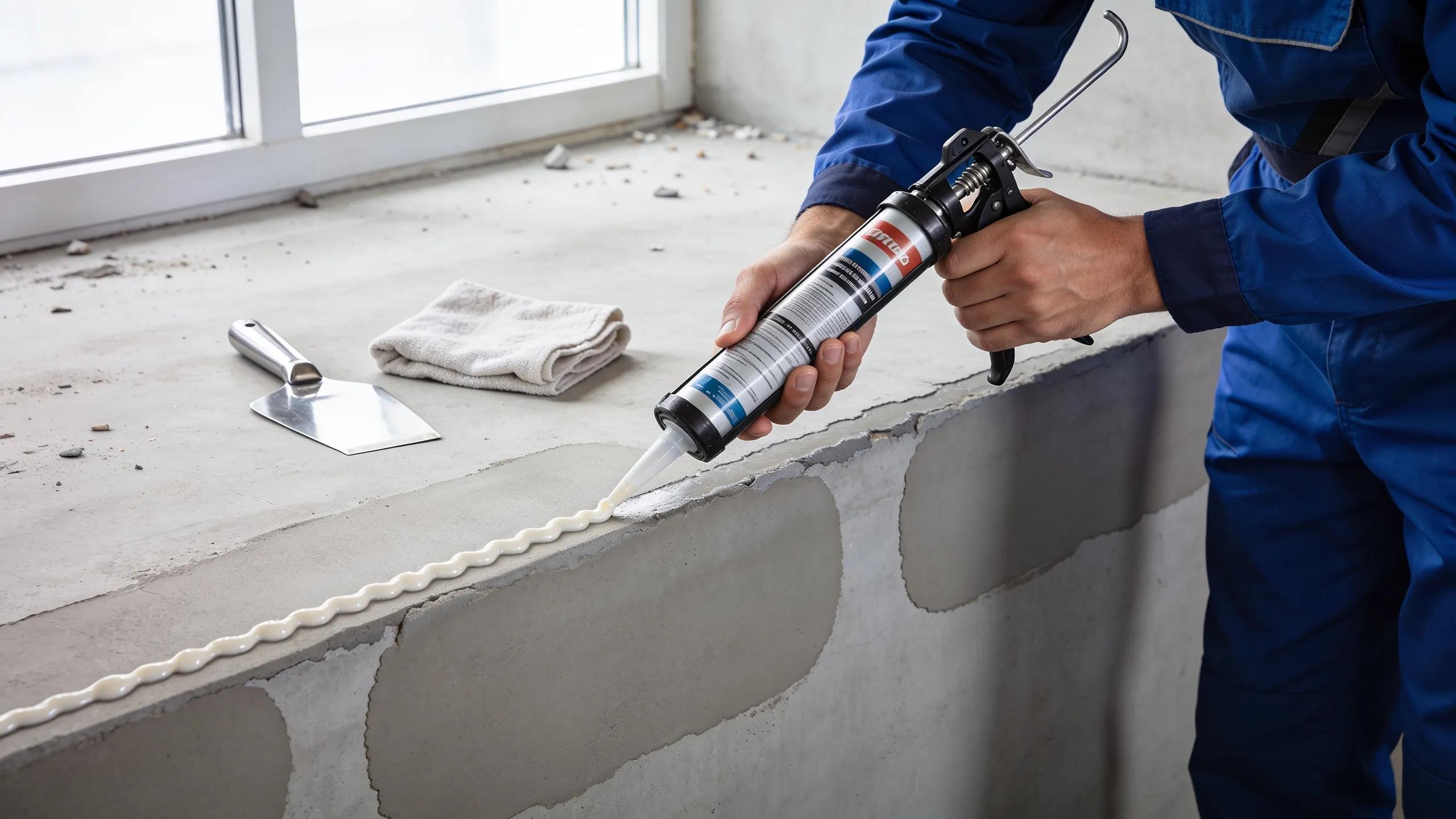 Contractor applying professional sealant on concrete surface, ensuring longevity and quality