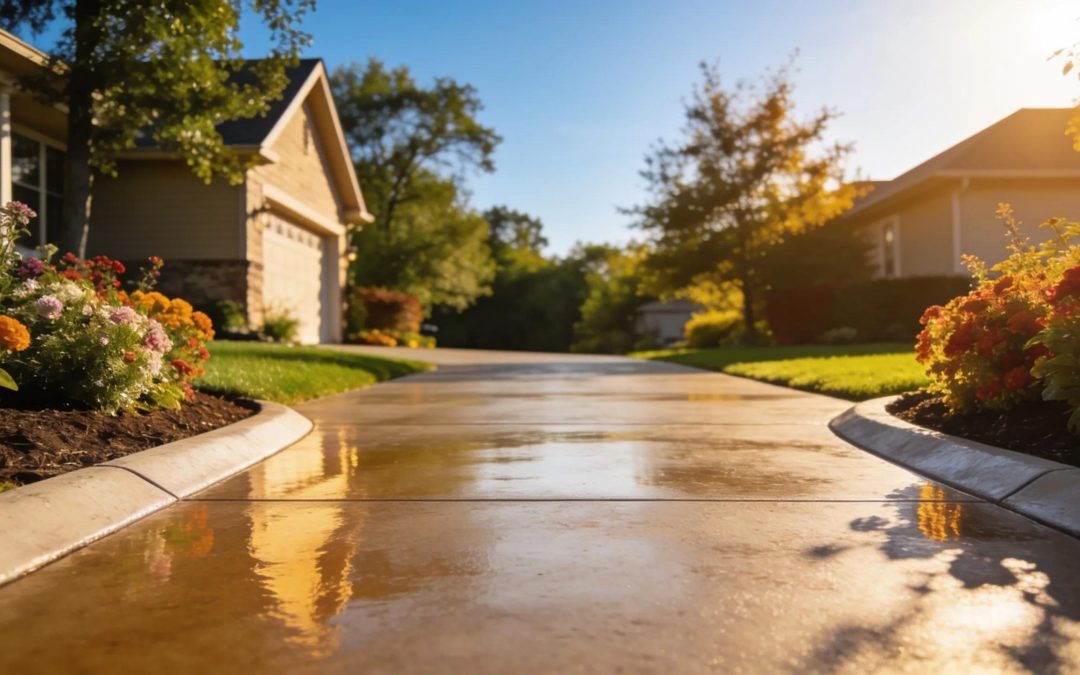 Professionally installed concrete driveway in a Milwaukee suburb with lush landscaping