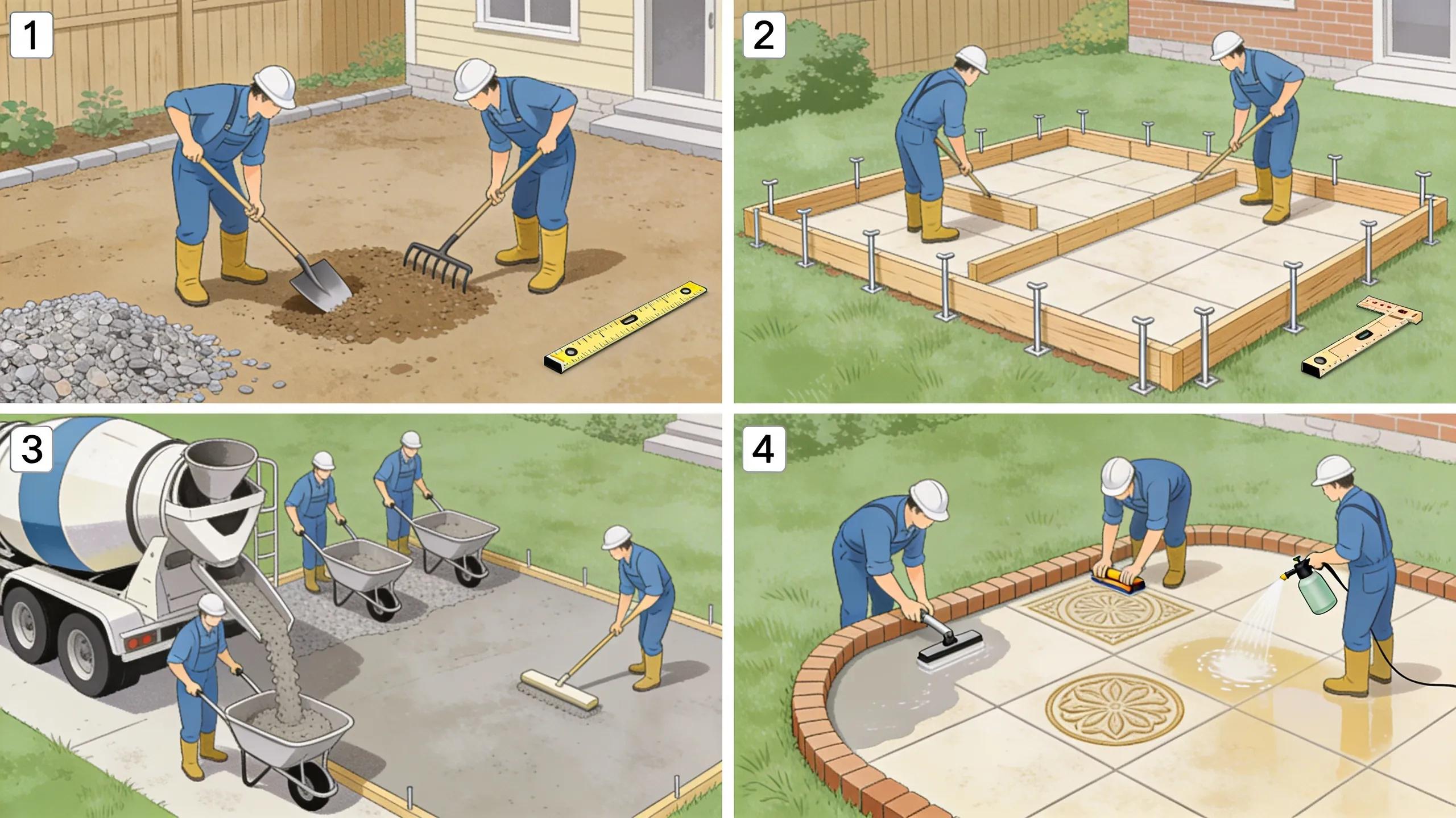 Sequential visuals of the professional concrete patio installation process, illustrating each crucial step