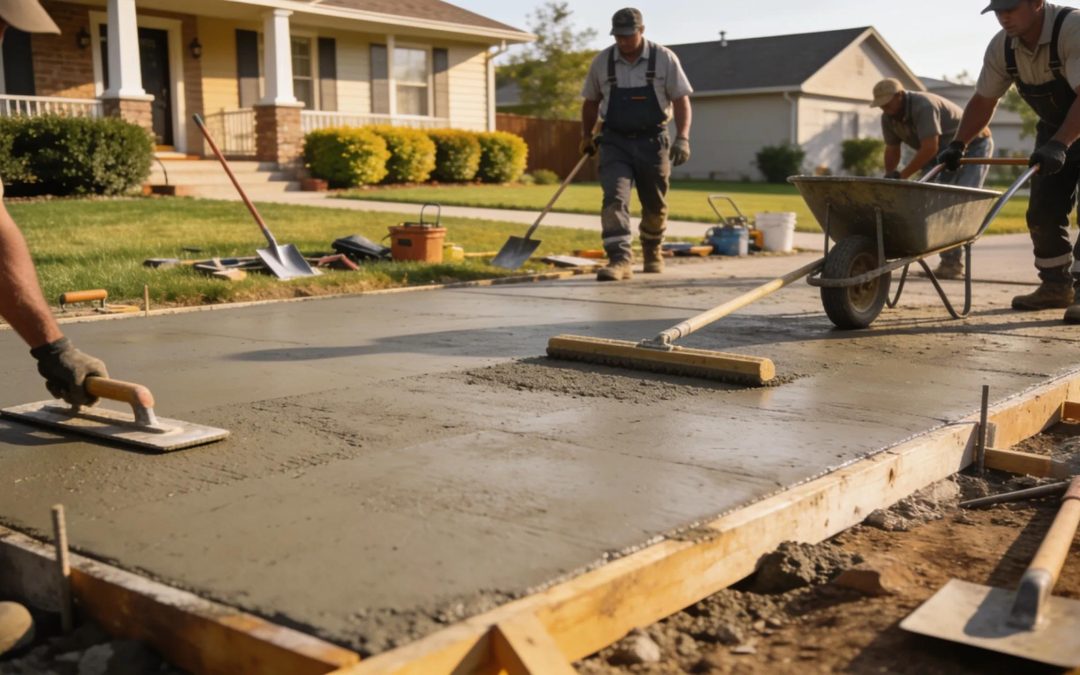 Driveway installation in progress with workers and high-quality materials