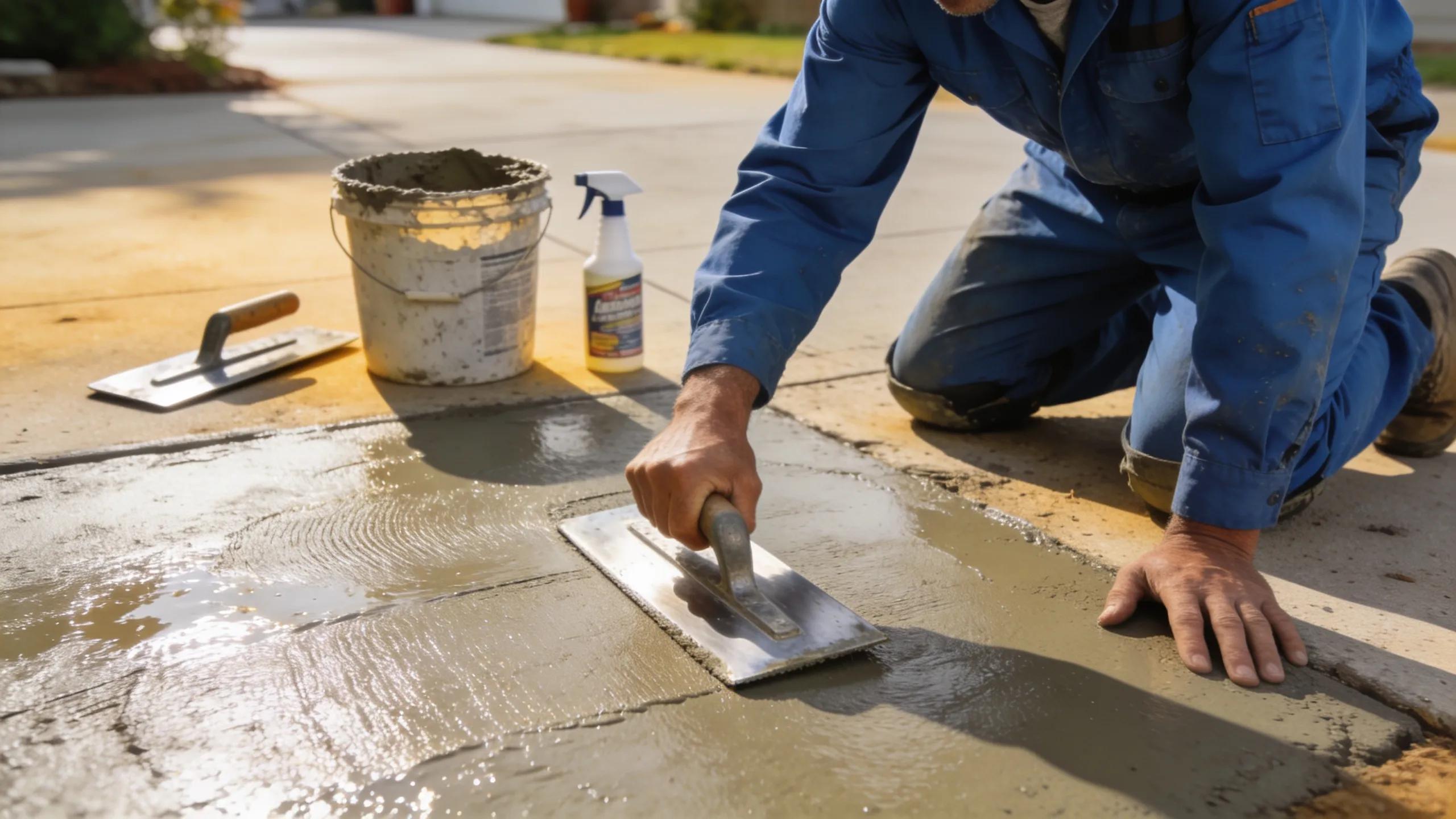 Contractor performing concrete resurfacing on a driveway, showcasing hands-on repair techniques typical in Milwaukee