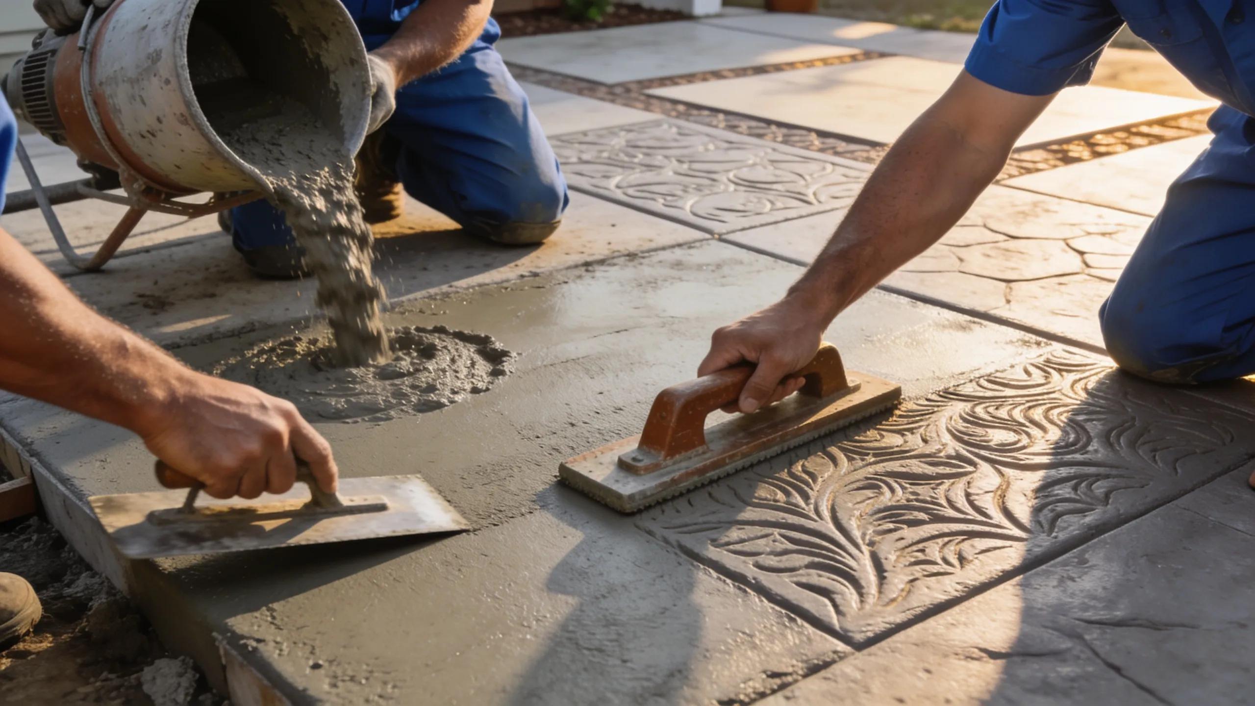 Contractors installing a decorative concrete patio, pouring and stamping concrete with precision