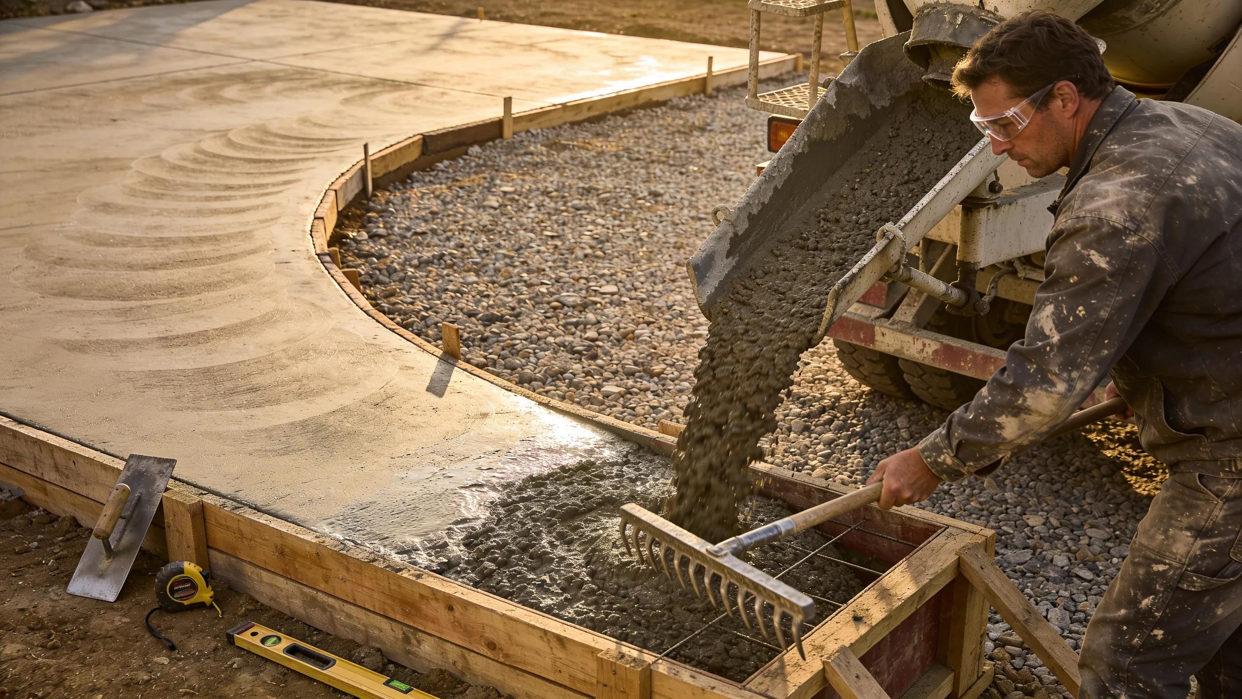 Professional contractor installing concrete patio with tools and formwork visible