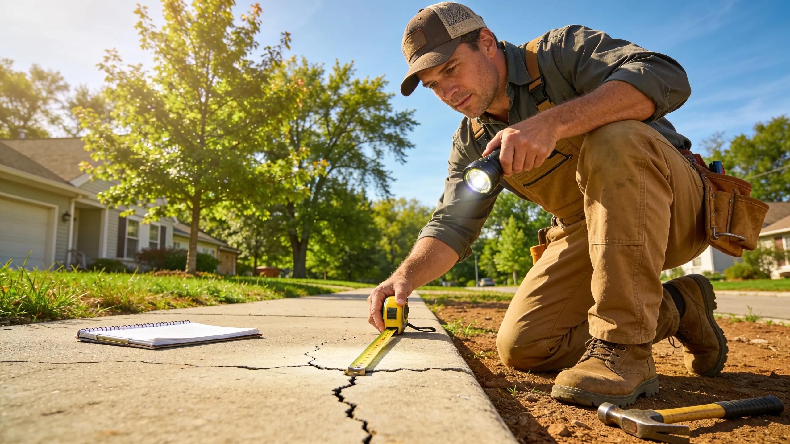 Concrete contractor assessing cracked slab with measuring tape and flashlight in Southeastern Wisconsin.