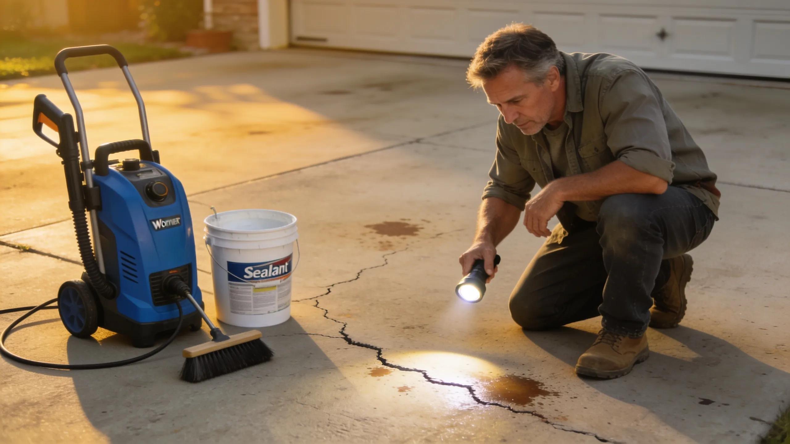 Homeowner inspecting a concrete driveway for maintenance, emphasizing care and longevity.