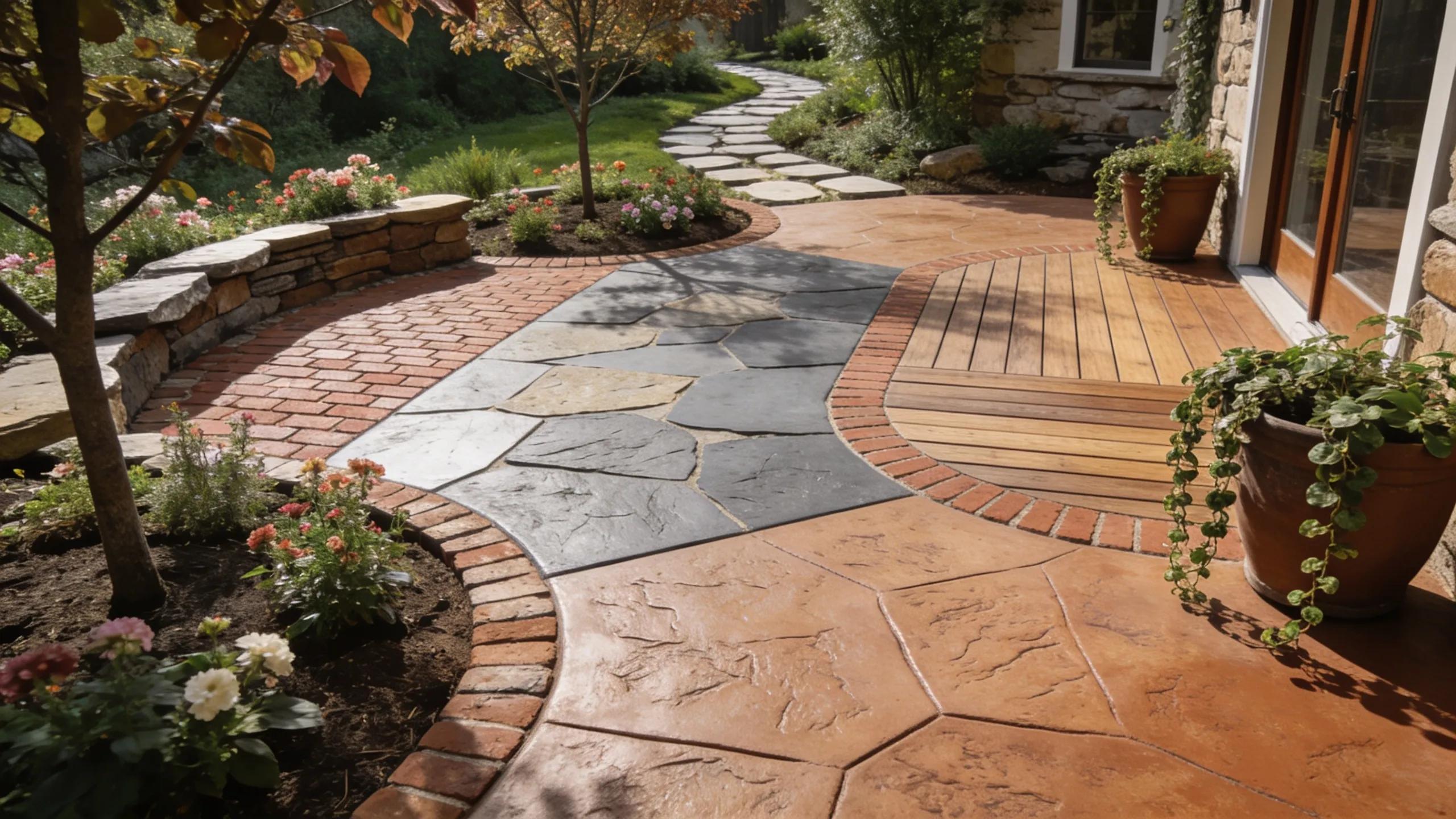 Custom concrete patio design with stamped concrete and stone pathways blending with landscaping.