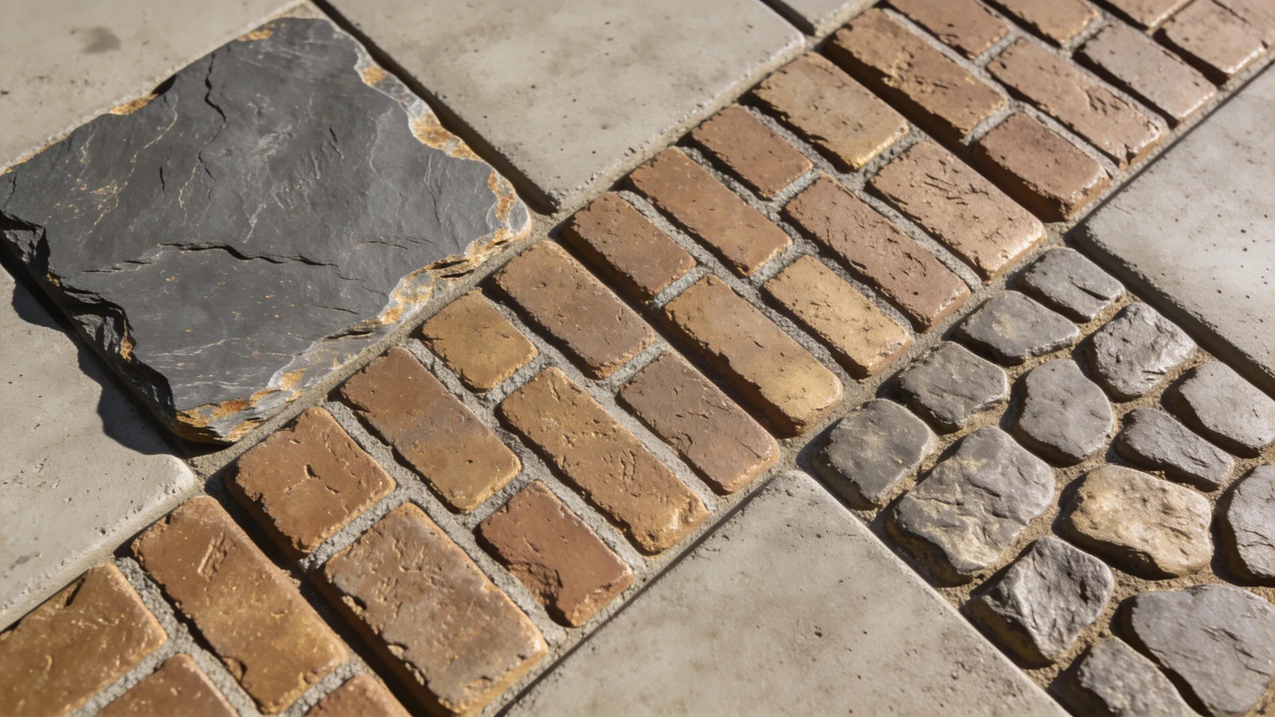 Variety of concrete stamping patterns showcasing slate, brick, and cobblestone textures