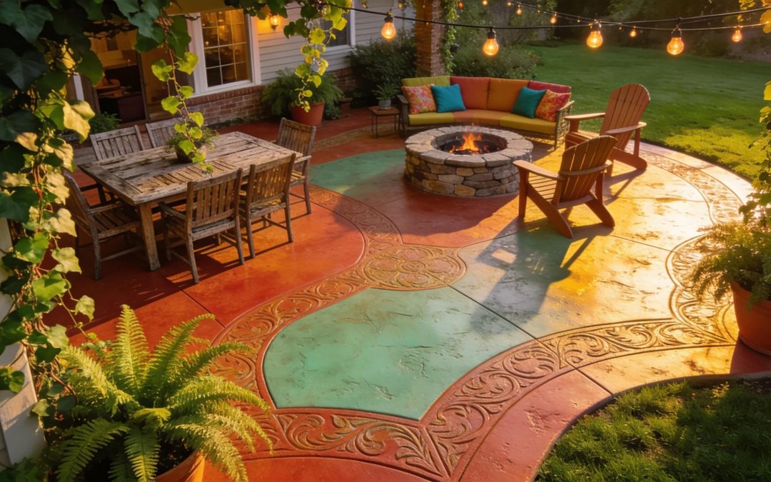 Decorative concrete patio in a suburban backyard, featuring vivid colors and inviting outdoor furniture
