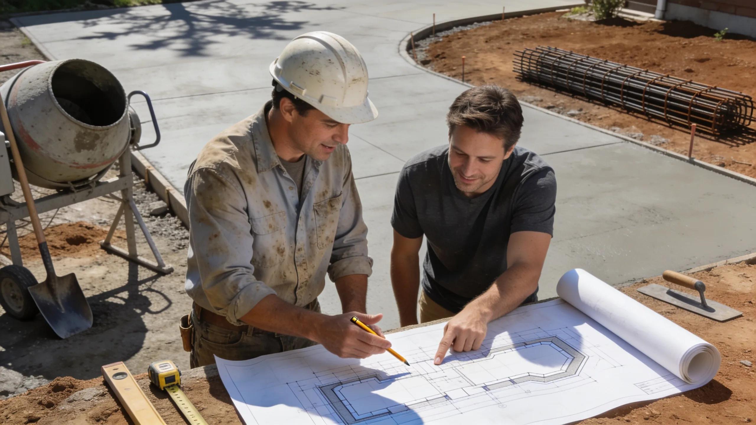 Contractor guiding homeowner in concrete driveway planning and execution