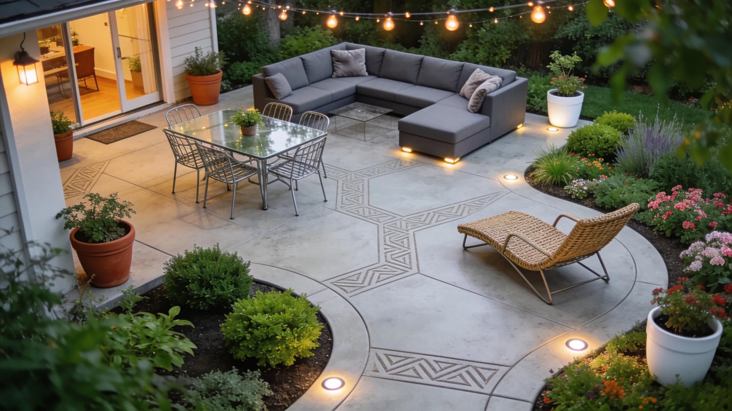 Modern concrete patio with custom design and lighting, outdoor living space with seating and dining
