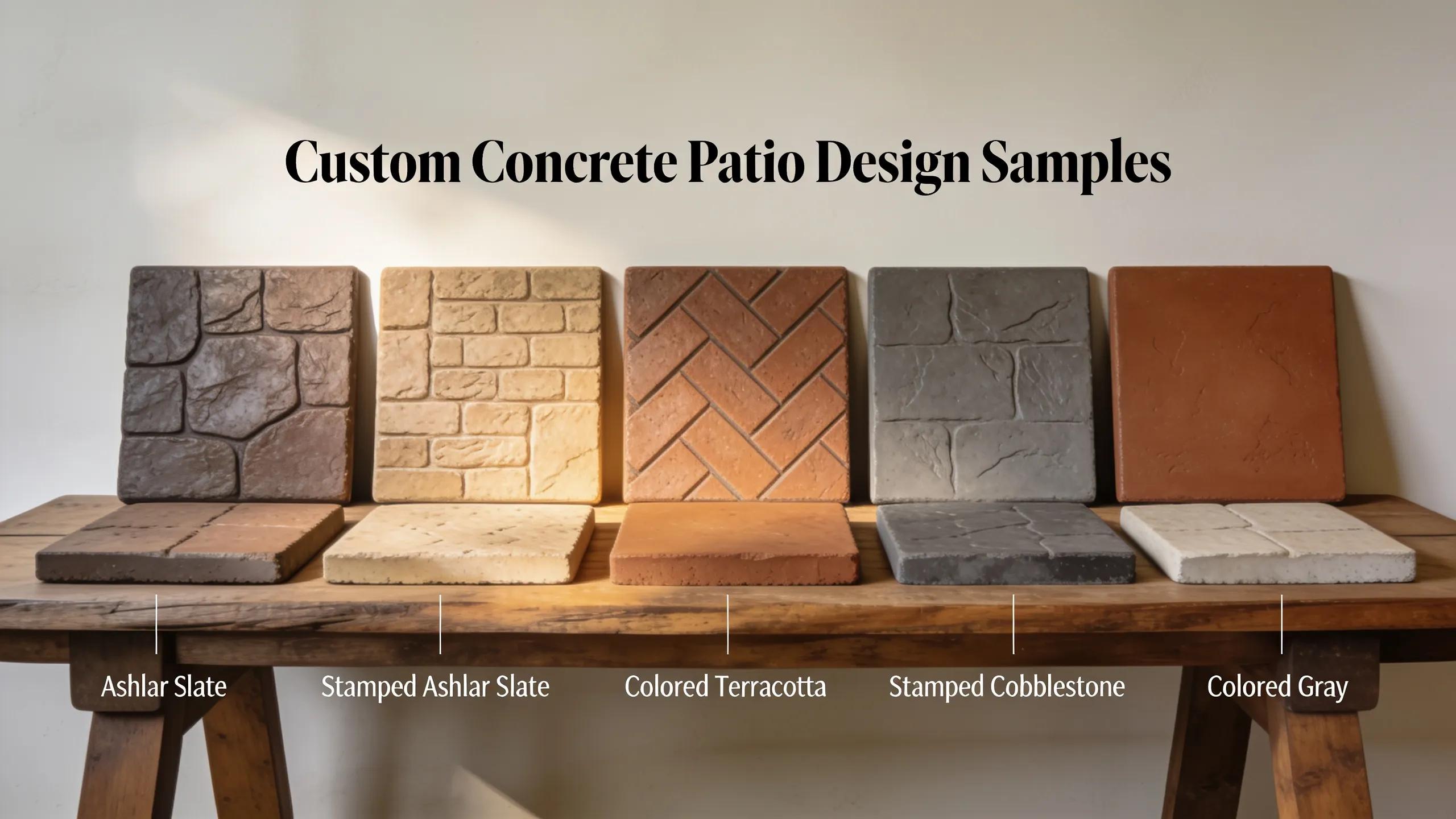 Variety of custom stamped concrete patterns and colors for patios