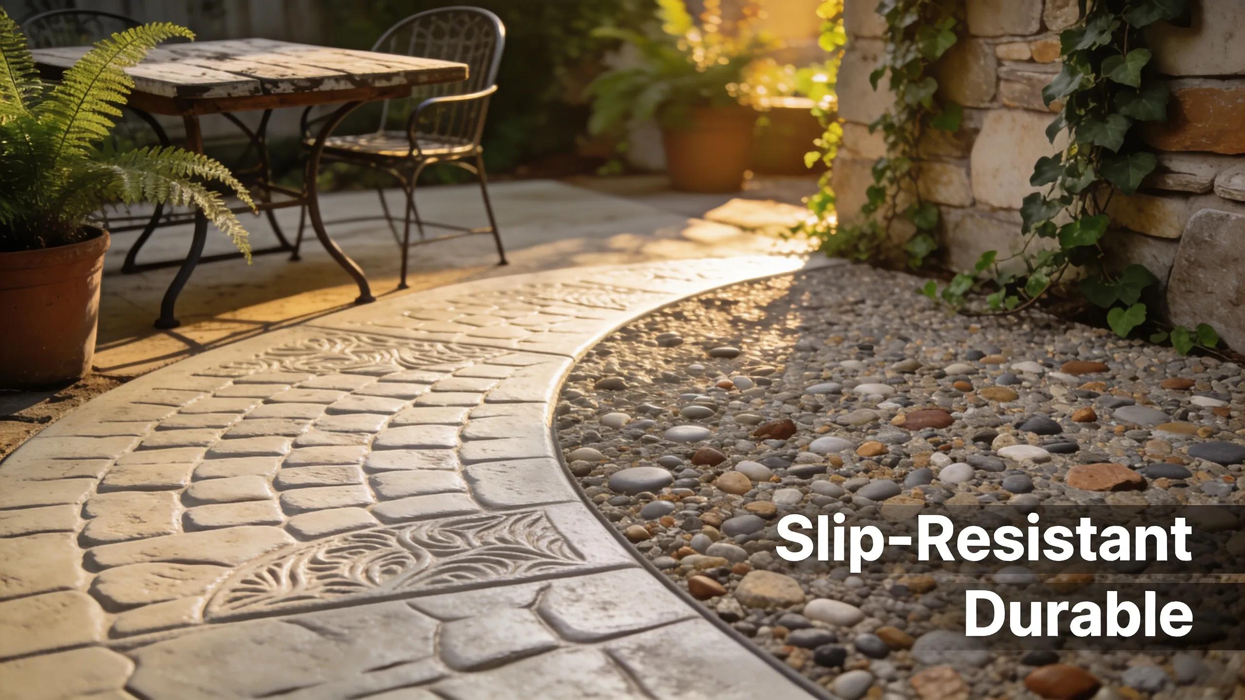 Stamped concrete patio with decorative border and landscaping, showcasing durable and slip-resistant finishes.