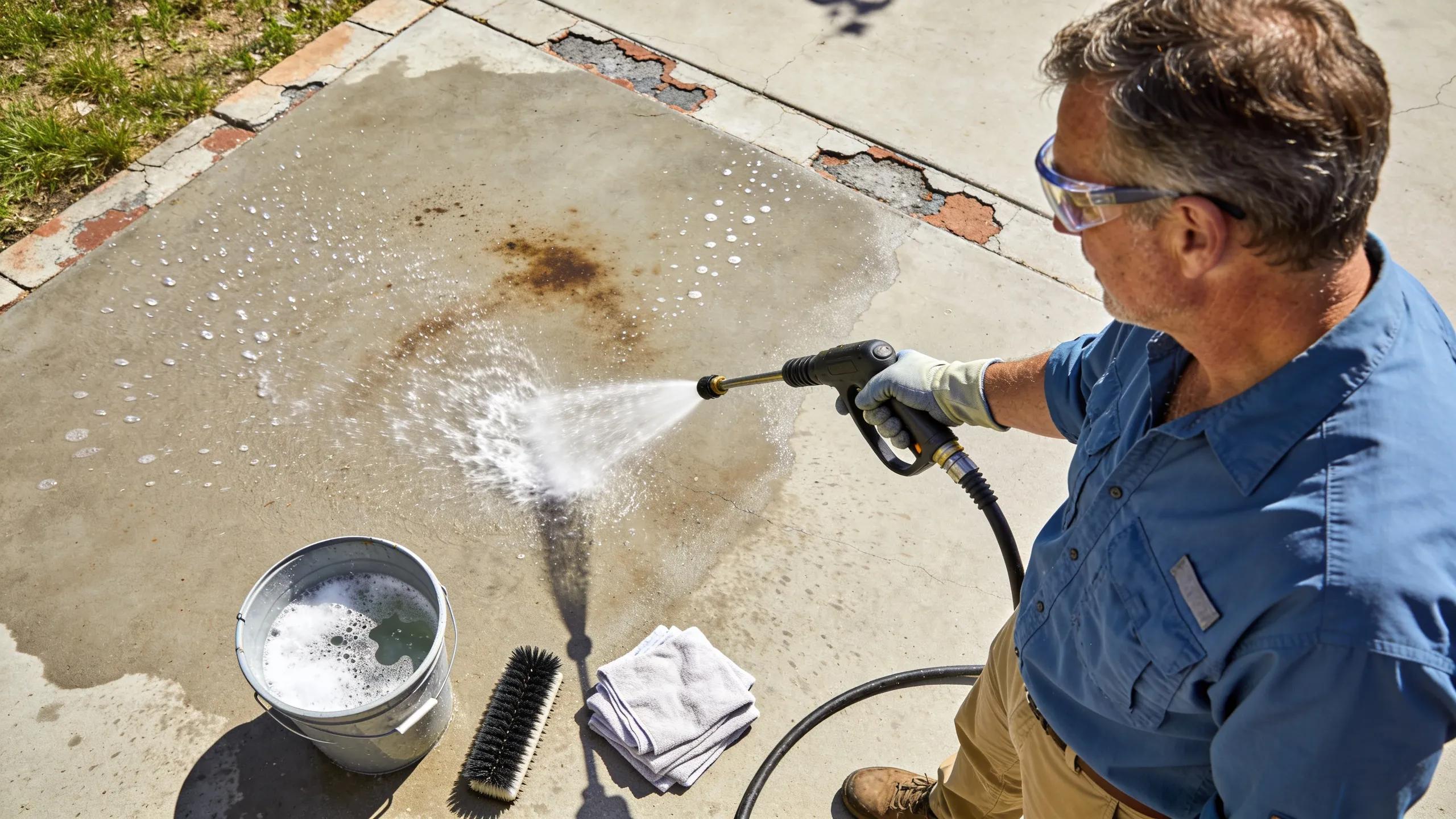 Milwaukee homeowner carefully pressure washing a concrete patio to preserve its new repair and maintain durability