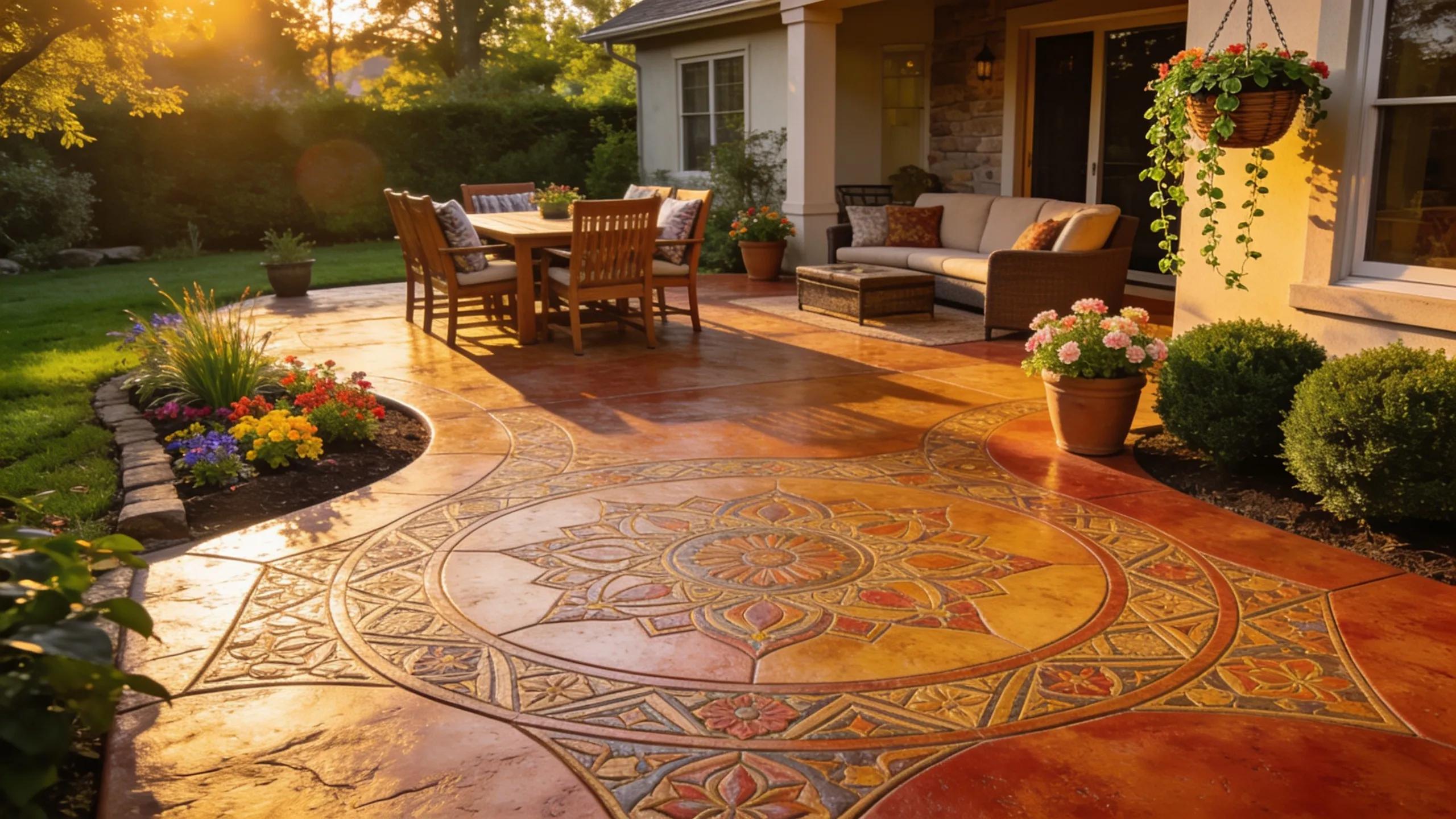 Restored stamped concrete patio showcasing intricate designs and an inviting outdoor space