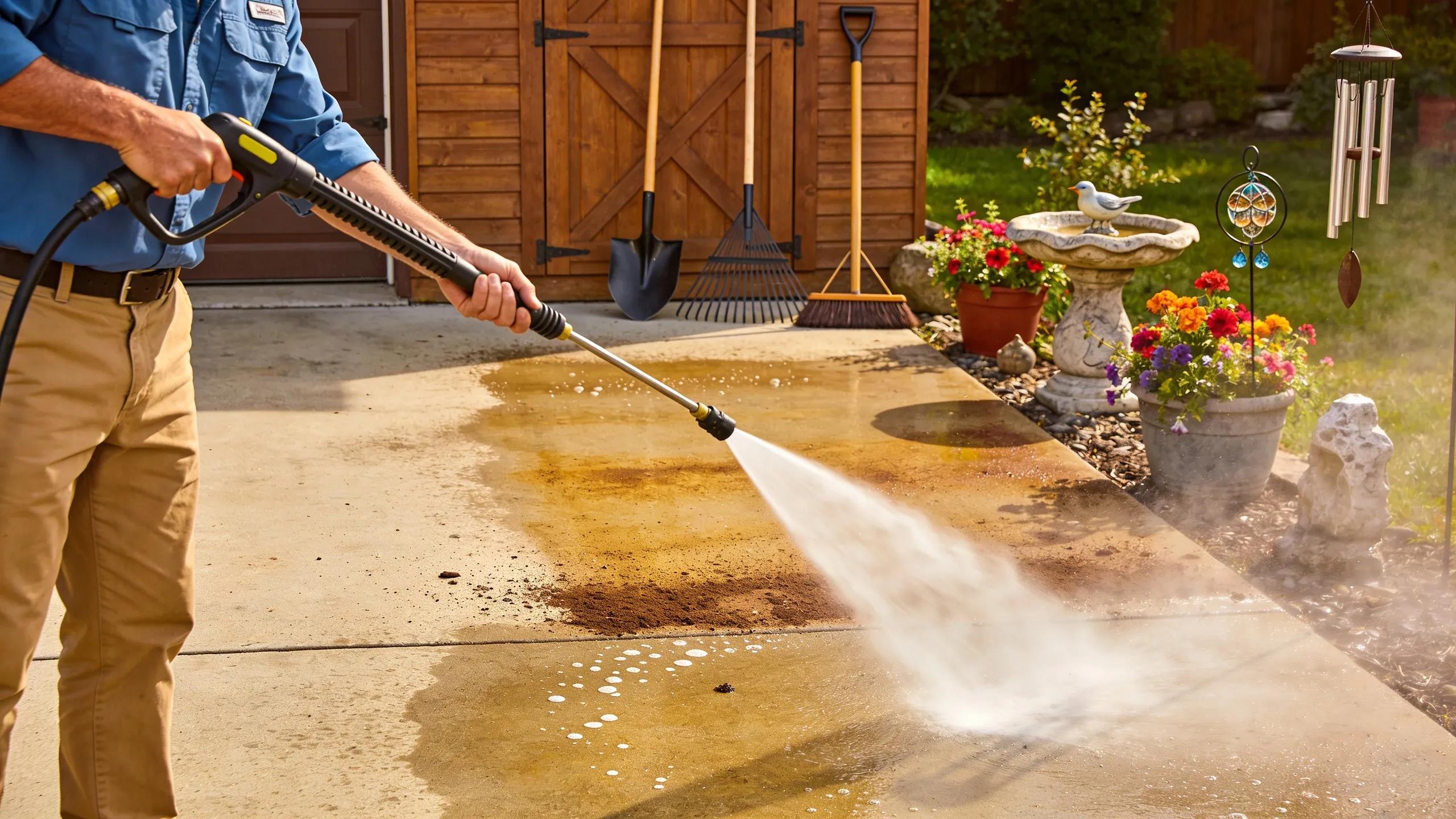 Homeowner using a pressure washer to clean a concrete driveway, illustrating maintenance practices