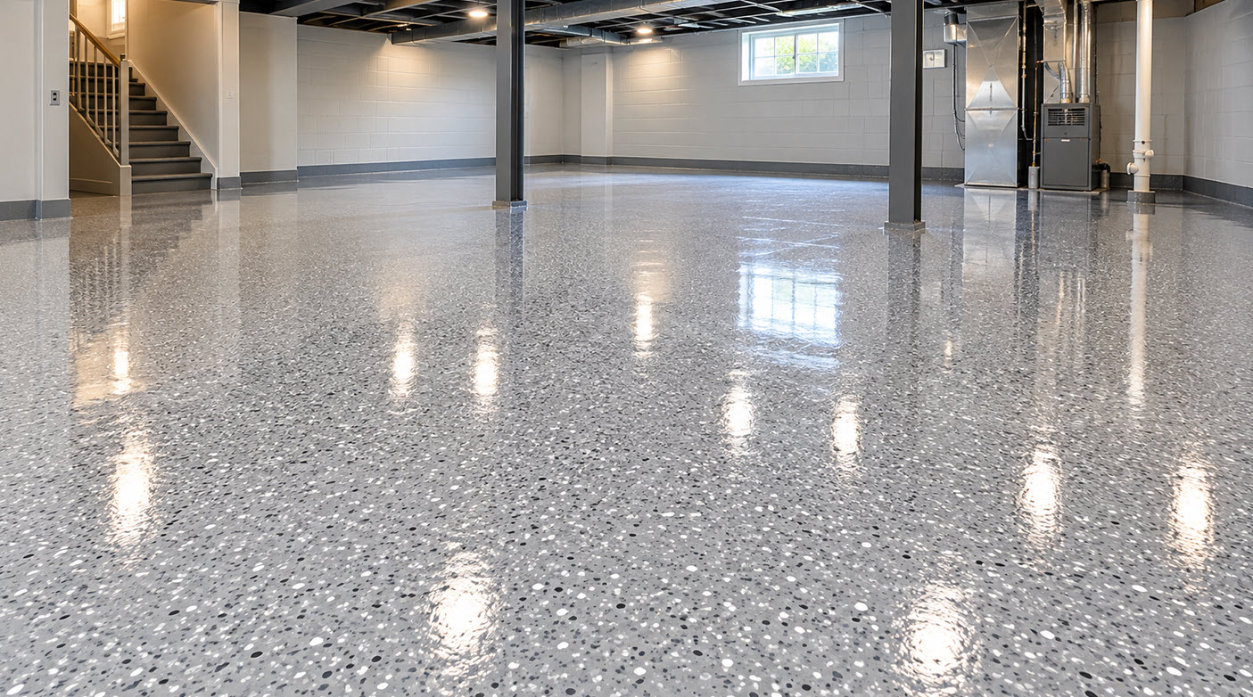 Glossy light gray epoxy floor coating with fine flake