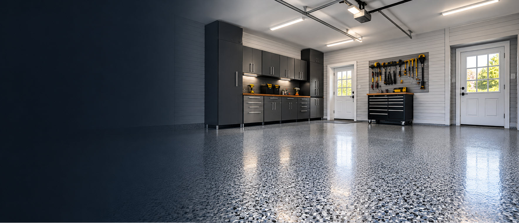 Garage with a new decorative flake epoxy floor coating installed by Morici Bros Concrete in Milwaukee, WI