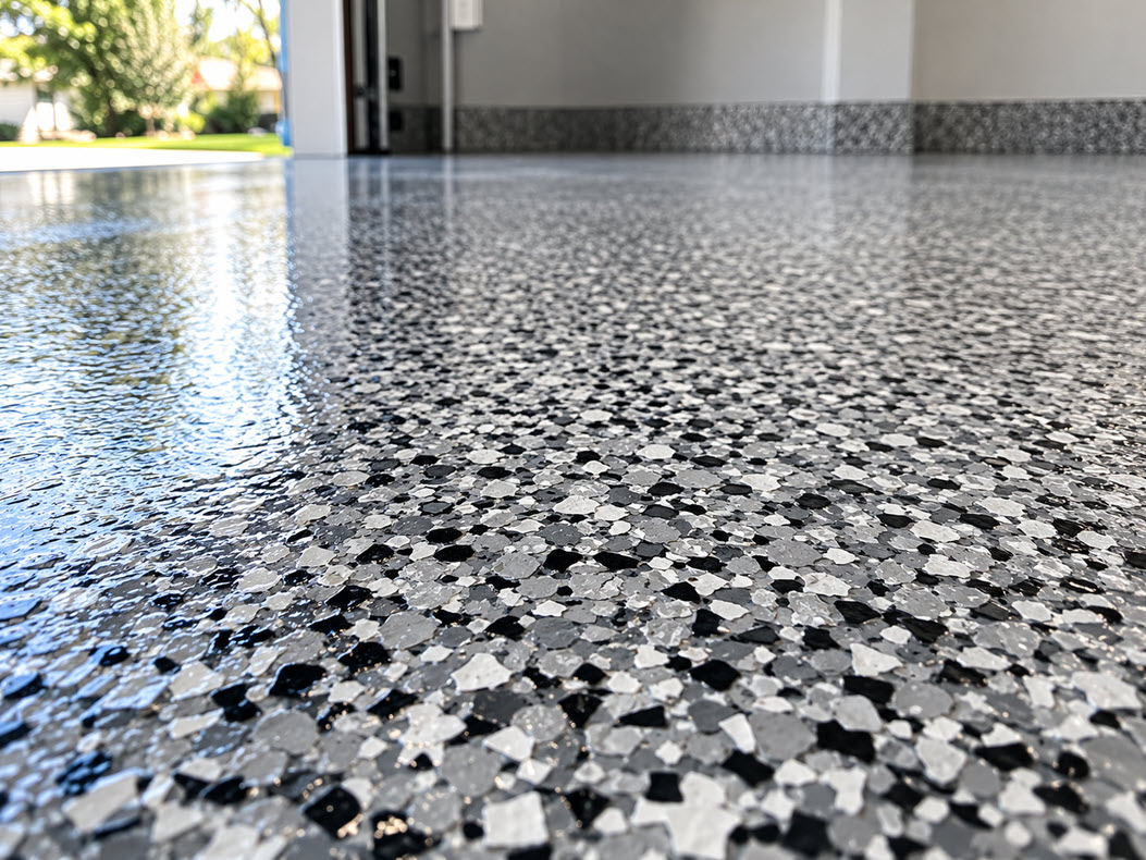Close-up of a gray and black decorative flake epoxy garage floor coating