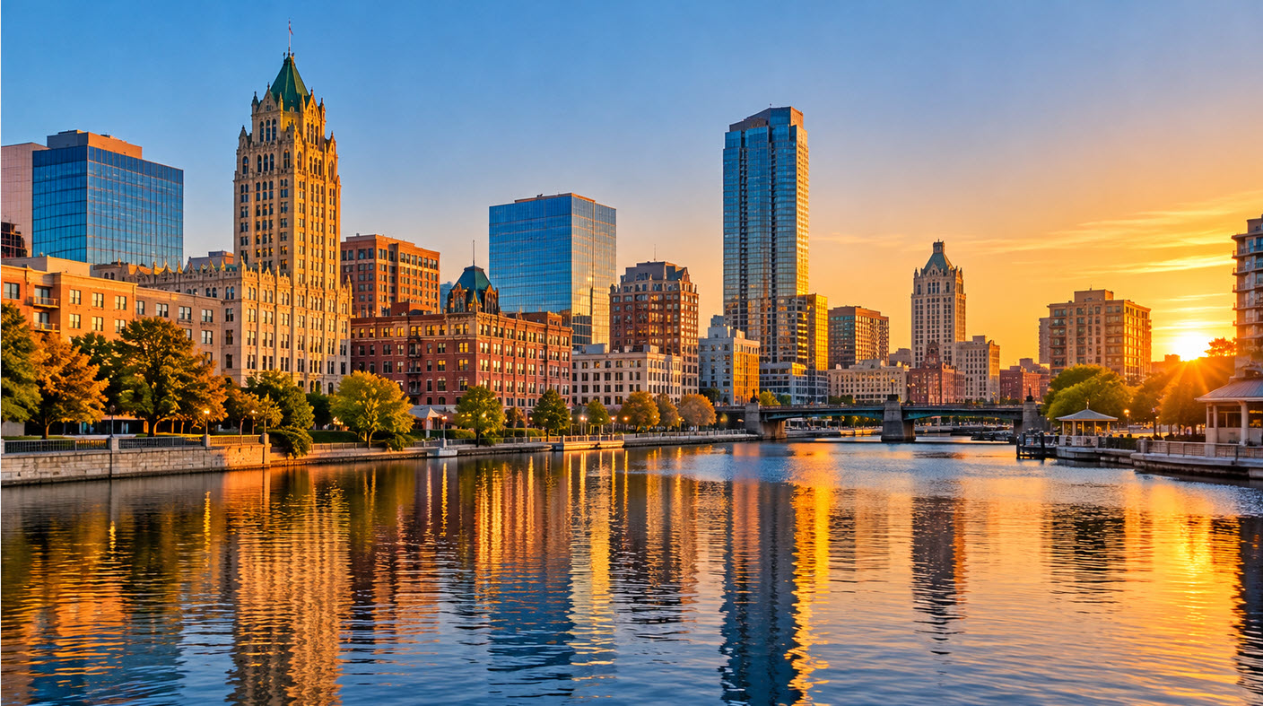 Milwaukee, Wisconsin skyline along the Milwaukee River