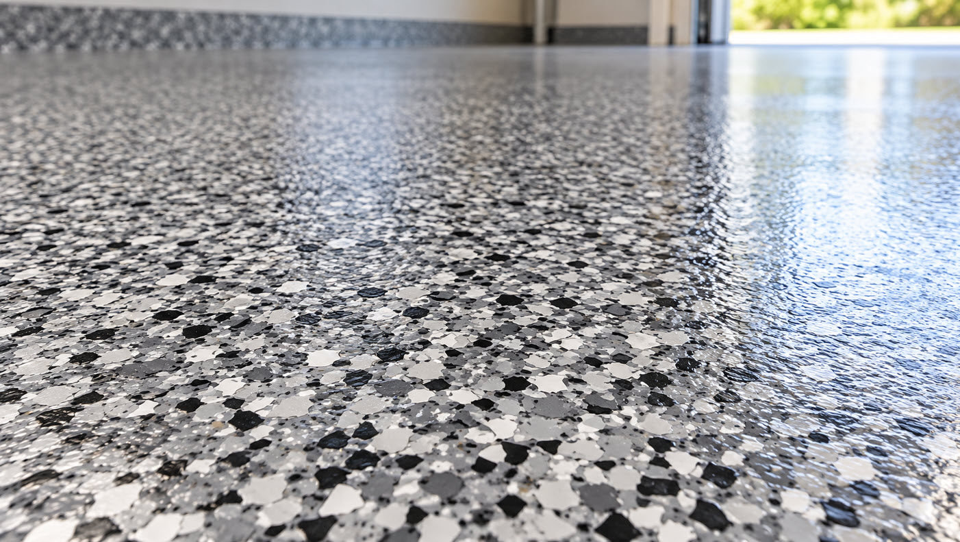 Close-up of a full-broadcast flake polyurea garage floor