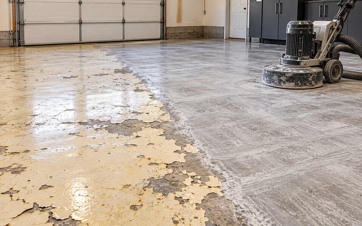 Removing an old peeling epoxy coating from a garage floor