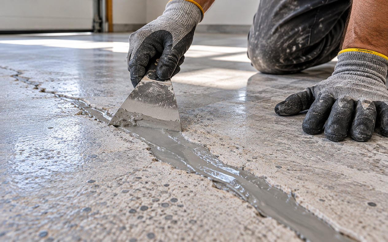 Repairing a crack in a concrete slab before applying a floor coating