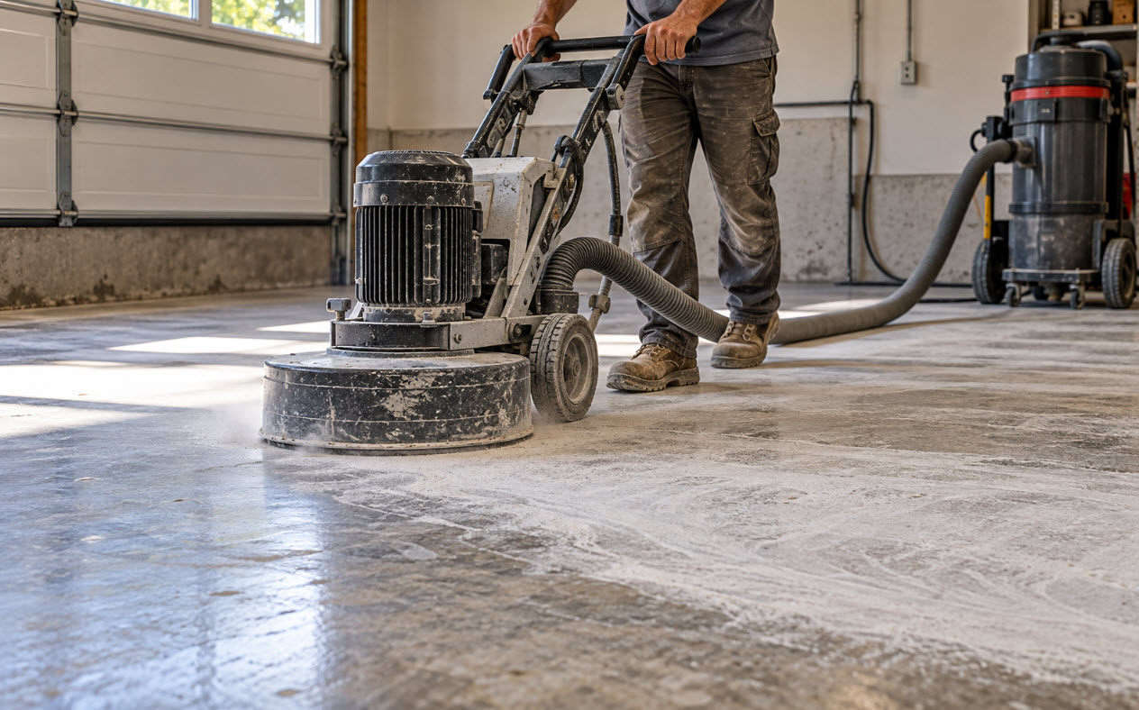 Diamond grinding a concrete garage floor before coating