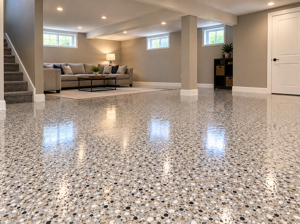 Finished basement with a decorative epoxy floor coating