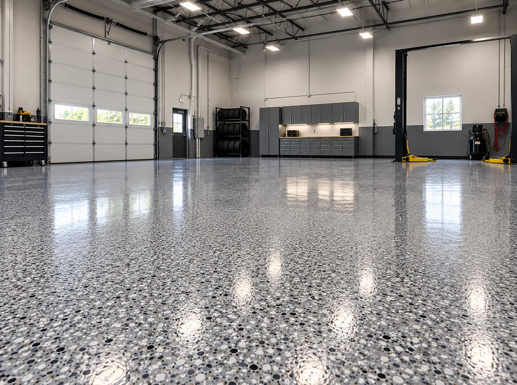 Commercial shop floor with a glossy polyurea coating
