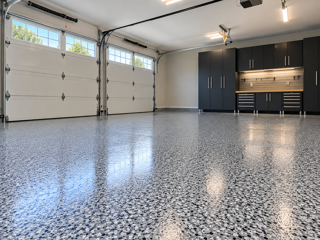Two-car garage with a gray flake polyurea floor coating