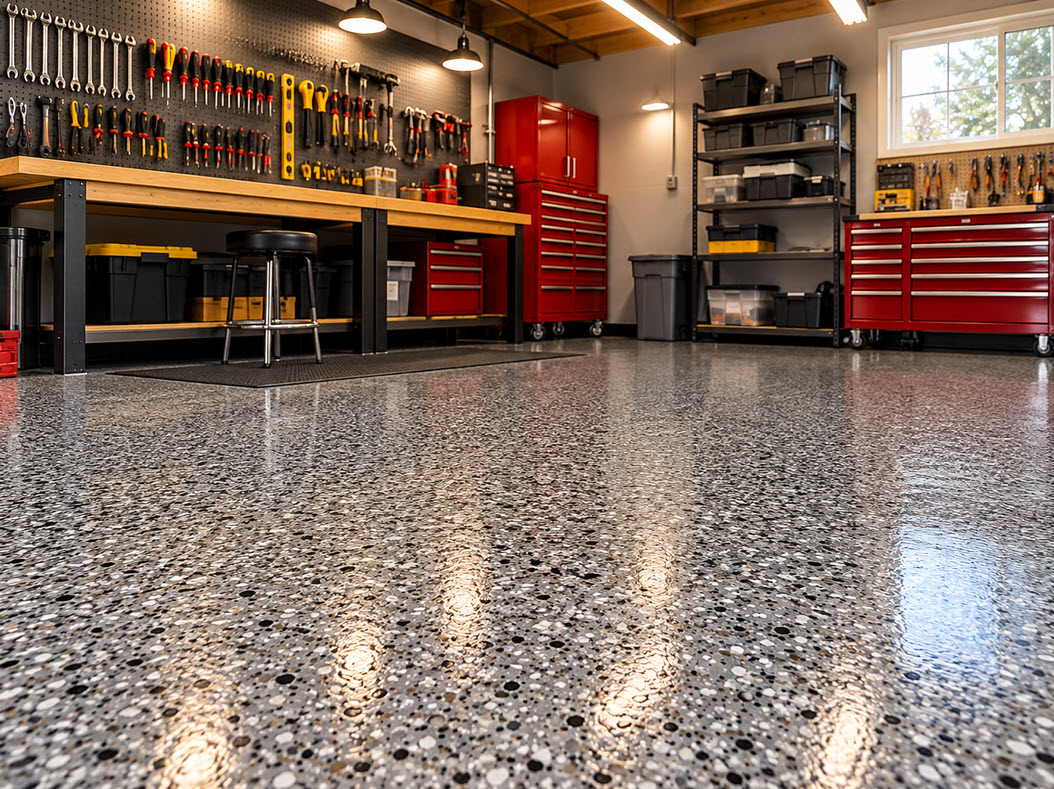 Home workshop with a charcoal flake epoxy floor
