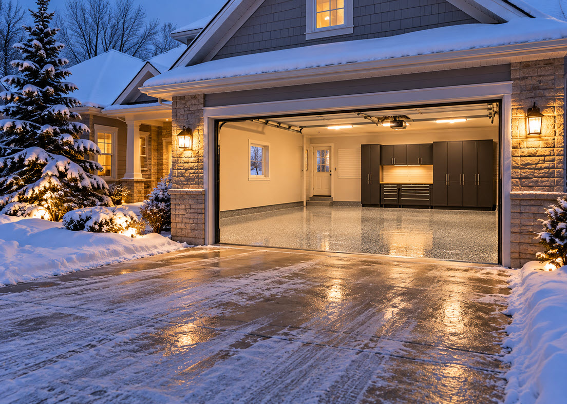 Wisconsin home in winter with a freshly coated garage floor